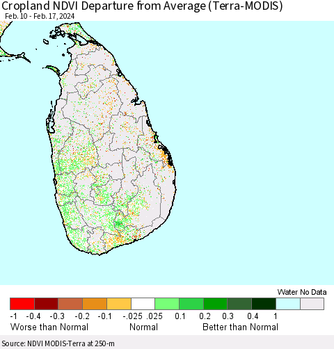 Sri Lanka Cropland NDVI Departure from Average (Terra-MODIS) Thematic Map For 2/10/2024 - 2/17/2024