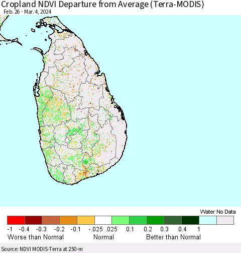 Sri Lanka Cropland NDVI Departure from Average (Terra-MODIS) Thematic Map For 2/26/2024 - 3/4/2024