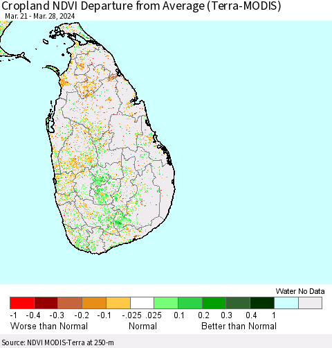 Sri Lanka Cropland NDVI Departure from Average (Terra-MODIS) Thematic Map For 3/21/2024 - 3/28/2024