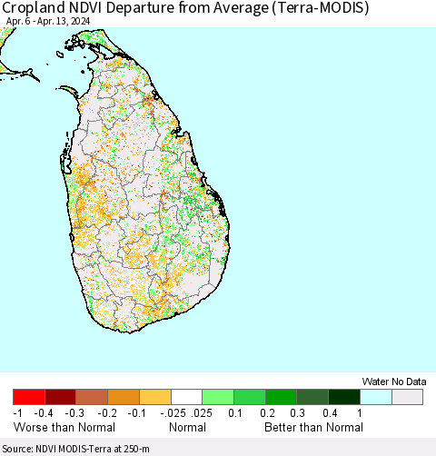 Sri Lanka Cropland NDVI Departure from Average (Terra-MODIS) Thematic Map For 4/6/2024 - 4/13/2024