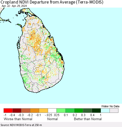 Sri Lanka Cropland NDVI Departure from Average (Terra-MODIS) Thematic Map For 4/22/2024 - 4/29/2024
