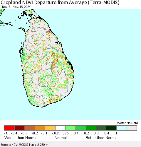 Sri Lanka Cropland NDVI Departure from Average (Terra-MODIS) Thematic Map For 11/8/2024 - 11/15/2024