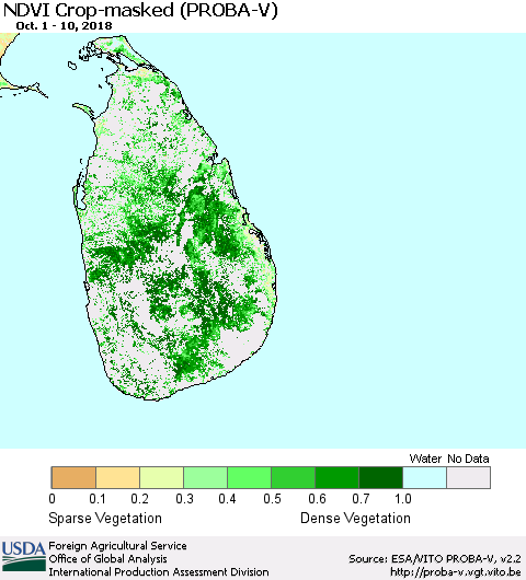 Sri Lanka NDVI Crop-masked (PROBA-V) Thematic Map For 10/1/2018 - 10/10/2018