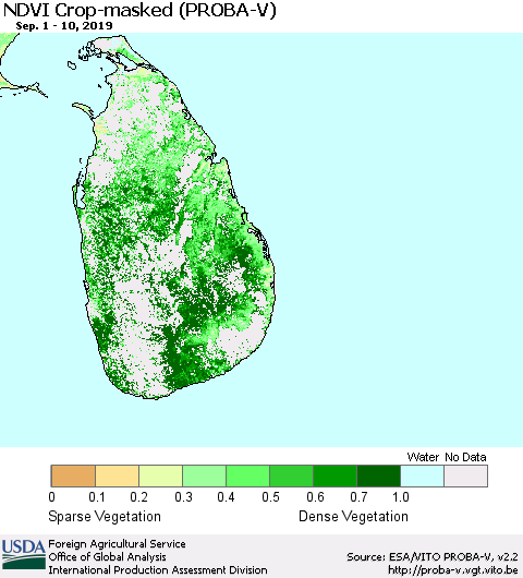 Sri Lanka NDVI Crop-masked (PROBA-V) Thematic Map For 9/1/2019 - 9/10/2019
