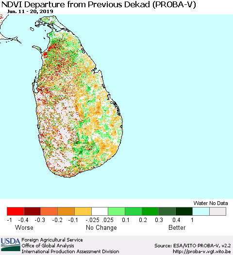 Sri Lanka NDVI Departure from Previous Dekad (PROBA-V) Thematic Map For 6/11/2019 - 6/20/2019