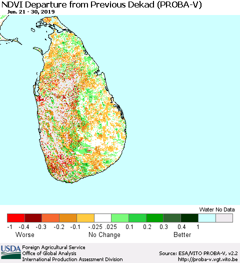 Sri Lanka NDVI Departure from Previous Dekad (PROBA-V) Thematic Map For 6/21/2019 - 6/30/2019