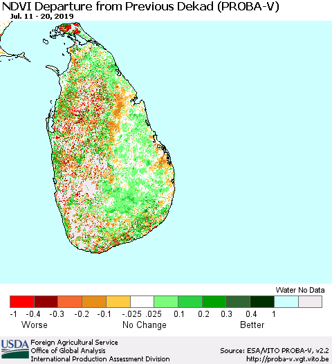 Sri Lanka NDVI Departure from Previous Dekad (PROBA-V) Thematic Map For 7/11/2019 - 7/20/2019