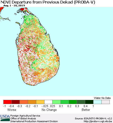 Sri Lanka NDVI Departure from Previous Dekad (PROBA-V) Thematic Map For 8/1/2019 - 8/10/2019