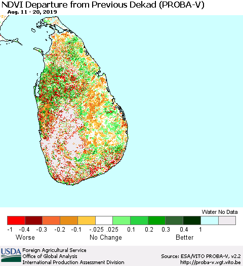 Sri Lanka NDVI Departure from Previous Dekad (PROBA-V) Thematic Map For 8/11/2019 - 8/20/2019
