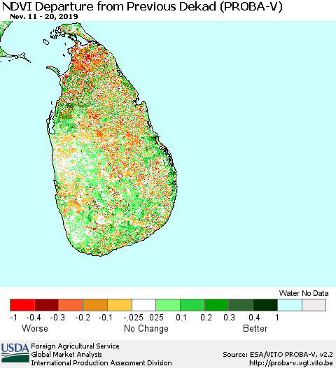 Sri Lanka NDVI Departure from Previous Dekad (PROBA-V) Thematic Map For 11/11/2019 - 11/20/2019