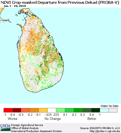 Sri Lanka NDVI Crop-masked Departure from Previous Dekad (PROBA-V) Thematic Map For 1/1/2018 - 1/10/2018