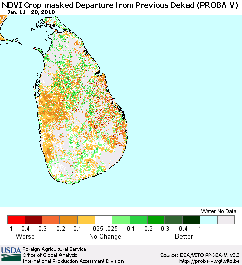 Sri Lanka NDVI Crop-masked Departure from Previous Dekad (PROBA-V) Thematic Map For 1/11/2018 - 1/20/2018