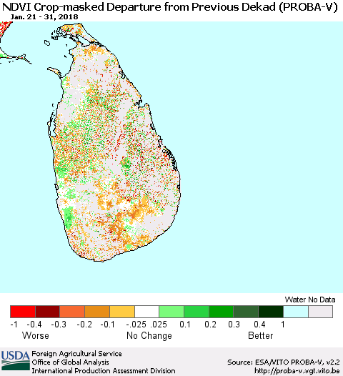 Sri Lanka NDVI Crop-masked Departure from Previous Dekad (PROBA-V) Thematic Map For 1/21/2018 - 1/31/2018