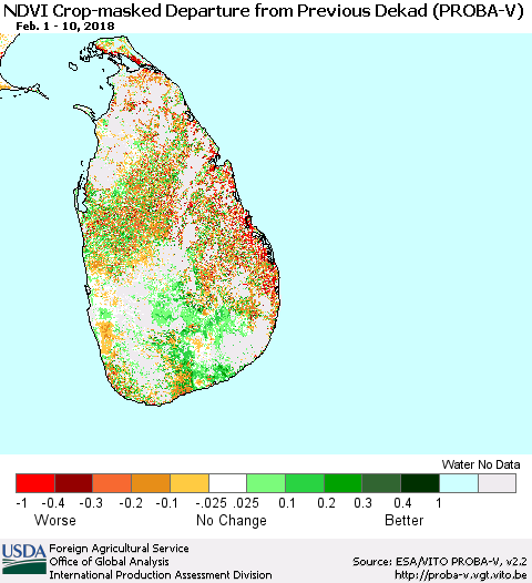 Sri Lanka NDVI Crop-masked Departure from Previous Dekad (PROBA-V) Thematic Map For 2/1/2018 - 2/10/2018