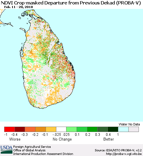 Sri Lanka NDVI Crop-masked Departure from Previous Dekad (PROBA-V) Thematic Map For 2/11/2018 - 2/20/2018