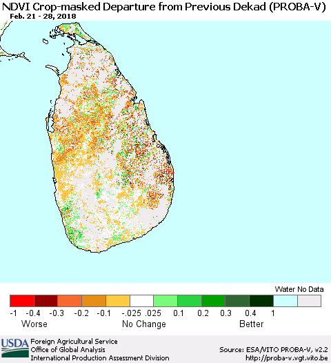 Sri Lanka NDVI Crop-masked Departure from Previous Dekad (PROBA-V) Thematic Map For 2/21/2018 - 2/28/2018