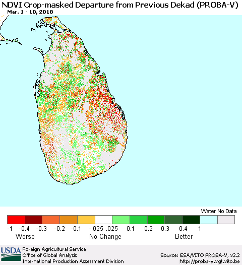 Sri Lanka NDVI Crop-masked Departure from Previous Dekad (PROBA-V) Thematic Map For 3/1/2018 - 3/10/2018