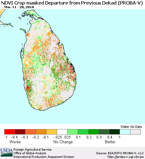 Sri Lanka NDVI Crop-masked Departure from Previous Dekad (PROBA-V) Thematic Map For 3/11/2018 - 3/20/2018