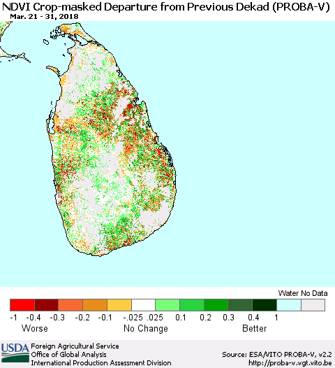 Sri Lanka NDVI Crop-masked Departure from Previous Dekad (PROBA-V) Thematic Map For 3/21/2018 - 3/31/2018