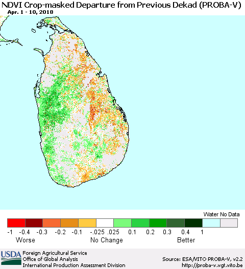 Sri Lanka NDVI Crop-masked Departure from Previous Dekad (PROBA-V) Thematic Map For 4/1/2018 - 4/10/2018