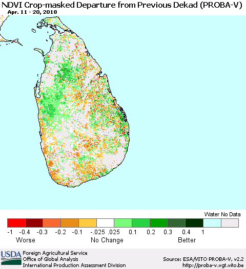 Sri Lanka NDVI Crop-masked Departure from Previous Dekad (PROBA-V) Thematic Map For 4/11/2018 - 4/20/2018