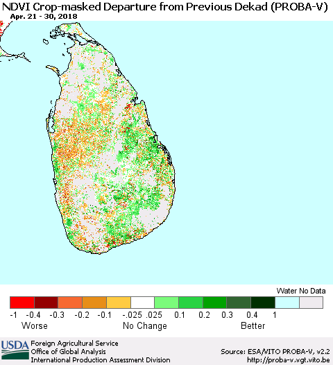 Sri Lanka NDVI Crop-masked Departure from Previous Dekad (PROBA-V) Thematic Map For 4/21/2018 - 4/30/2018