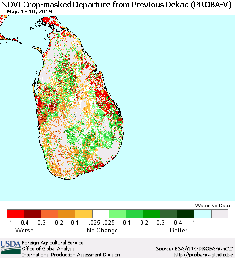 Sri Lanka NDVI Crop-masked Departure from Previous Dekad (PROBA-V) Thematic Map For 5/1/2019 - 5/10/2019