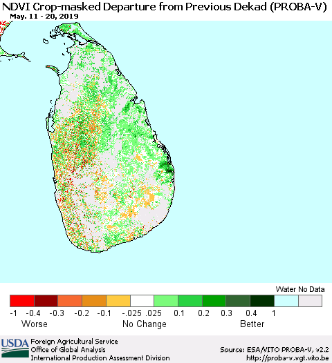 Sri Lanka NDVI Crop-masked Departure from Previous Dekad (PROBA-V) Thematic Map For 5/11/2019 - 5/20/2019