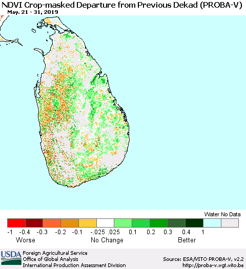 Sri Lanka NDVI Crop-masked Departure from Previous Dekad (PROBA-V) Thematic Map For 5/21/2019 - 5/31/2019