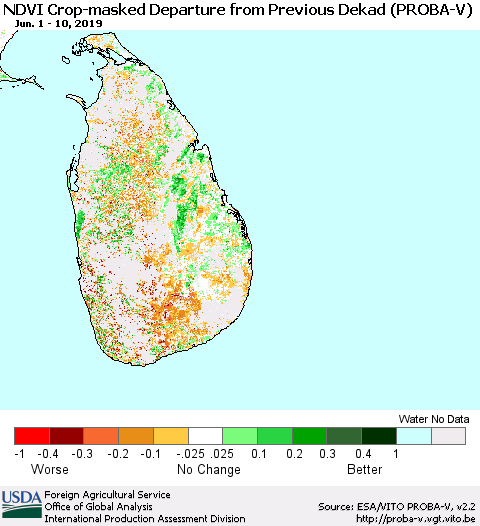 Sri Lanka NDVI Crop-masked Departure from Previous Dekad (PROBA-V) Thematic Map For 6/1/2019 - 6/10/2019