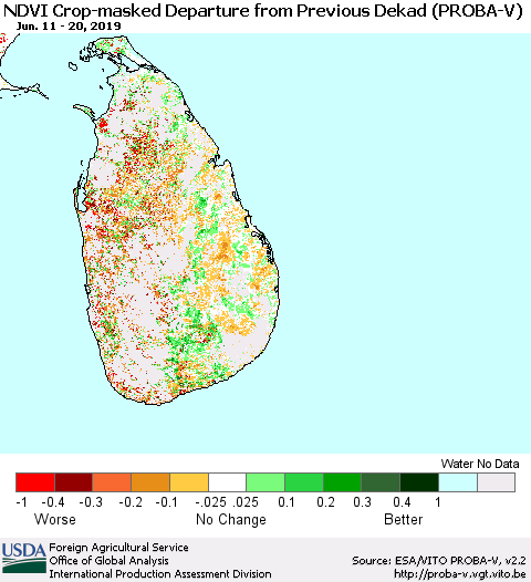 Sri Lanka NDVI Crop-masked Departure from Previous Dekad (PROBA-V) Thematic Map For 6/11/2019 - 6/20/2019