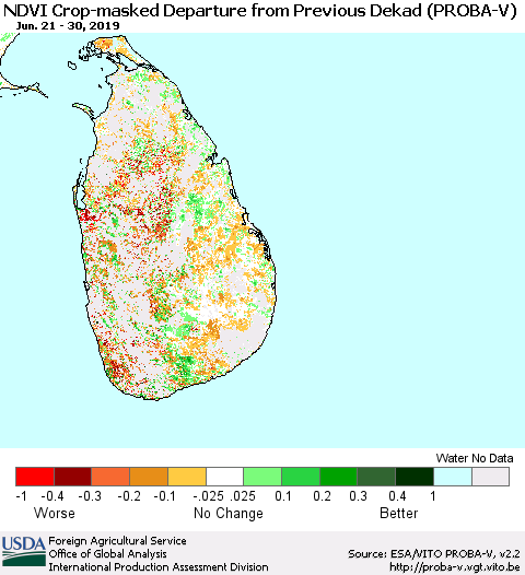 Sri Lanka NDVI Crop-masked Departure from Previous Dekad (PROBA-V) Thematic Map For 6/21/2019 - 6/30/2019