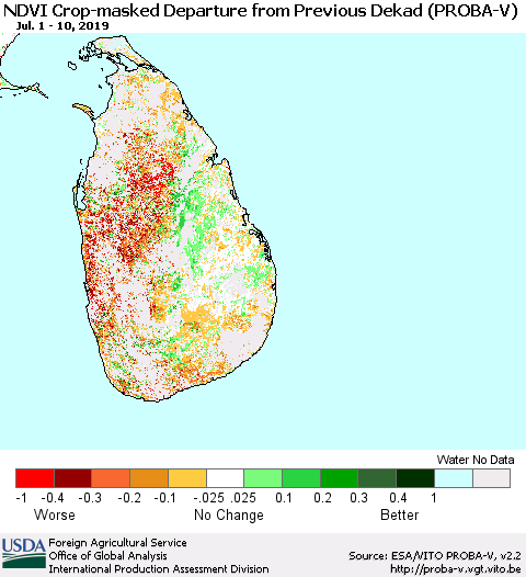 Sri Lanka NDVI Crop-masked Departure from Previous Dekad (PROBA-V) Thematic Map For 7/1/2019 - 7/10/2019