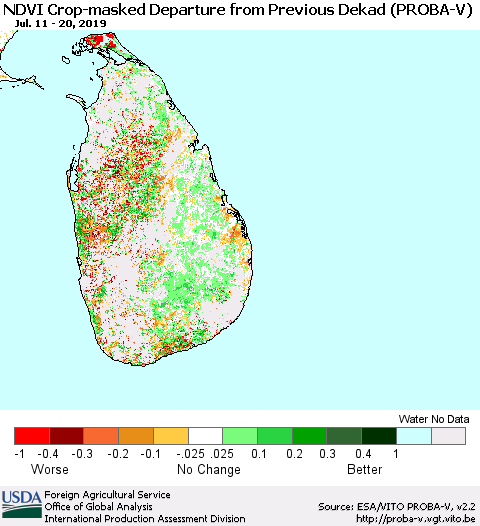 Sri Lanka NDVI Crop-masked Departure from Previous Dekad (PROBA-V) Thematic Map For 7/11/2019 - 7/20/2019