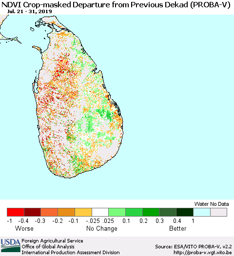 Sri Lanka NDVI Crop-masked Departure from Previous Dekad (PROBA-V) Thematic Map For 7/21/2019 - 7/31/2019