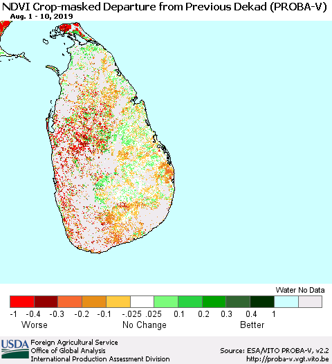 Sri Lanka NDVI Crop-masked Departure from Previous Dekad (PROBA-V) Thematic Map For 8/1/2019 - 8/10/2019