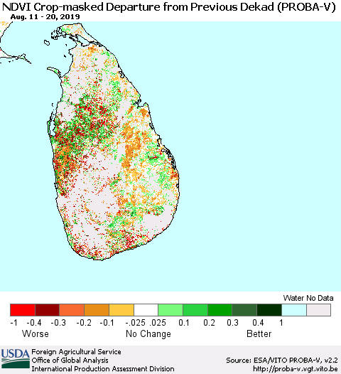 Sri Lanka NDVI Crop-masked Departure from Previous Dekad (PROBA-V) Thematic Map For 8/11/2019 - 8/20/2019