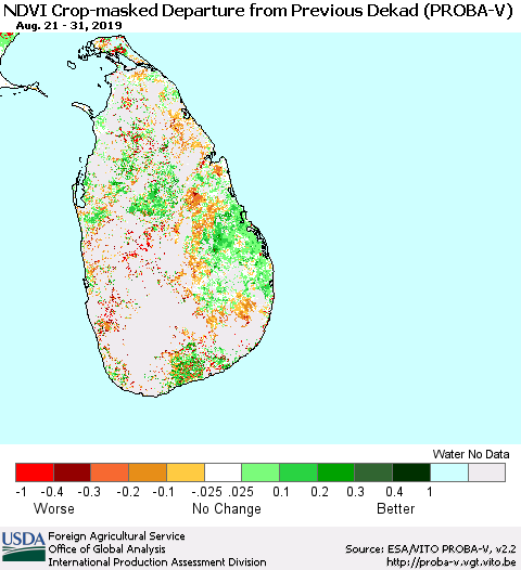 Sri Lanka NDVI Crop-masked Departure from Previous Dekad (PROBA-V) Thematic Map For 8/21/2019 - 8/31/2019