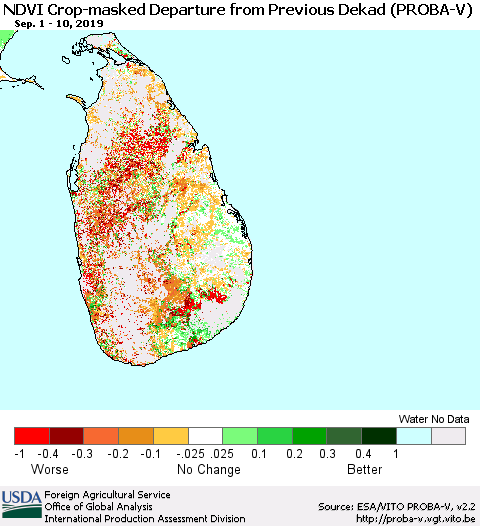 Sri Lanka NDVI Crop-masked Departure from Previous Dekad (PROBA-V) Thematic Map For 9/1/2019 - 9/10/2019