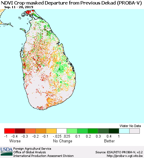 Sri Lanka NDVI Crop-masked Departure from Previous Dekad (PROBA-V) Thematic Map For 9/11/2019 - 9/20/2019