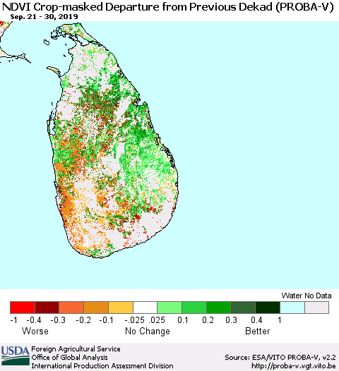 Sri Lanka NDVI Crop-masked Departure from Previous Dekad (PROBA-V) Thematic Map For 9/21/2019 - 9/30/2019