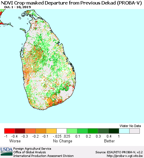 Sri Lanka NDVI Crop-masked Departure from Previous Dekad (PROBA-V) Thematic Map For 10/1/2019 - 10/10/2019
