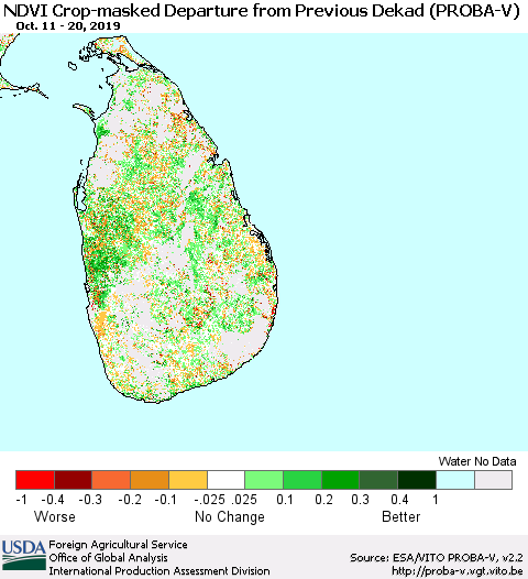 Sri Lanka NDVI Crop-masked Departure from Previous Dekad (PROBA-V) Thematic Map For 10/11/2019 - 10/20/2019