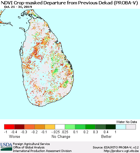 Sri Lanka NDVI Crop-masked Departure from Previous Dekad (PROBA-V) Thematic Map For 10/21/2019 - 10/31/2019