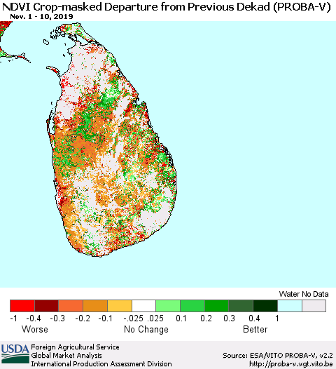 Sri Lanka NDVI Crop-masked Departure from Previous Dekad (PROBA-V) Thematic Map For 11/1/2019 - 11/10/2019