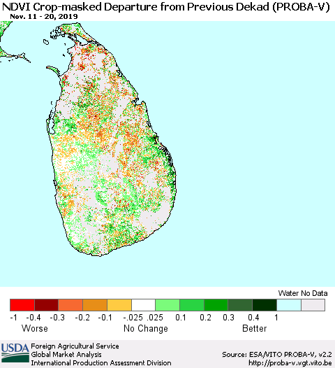 Sri Lanka NDVI Crop-masked Departure from Previous Dekad (PROBA-V) Thematic Map For 11/11/2019 - 11/20/2019
