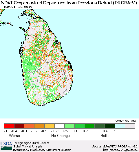Sri Lanka NDVI Crop-masked Departure from Previous Dekad (PROBA-V) Thematic Map For 11/21/2019 - 11/30/2019