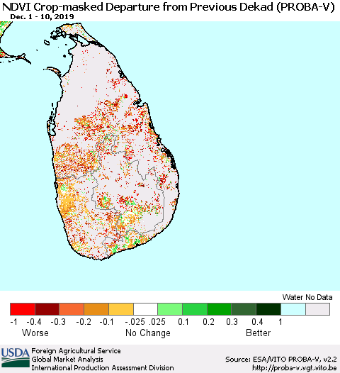 Sri Lanka NDVI Crop-masked Departure from Previous Dekad (PROBA-V) Thematic Map For 12/1/2019 - 12/10/2019
