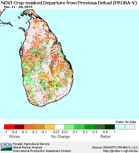 Sri Lanka NDVI Crop-masked Departure from Previous Dekad (PROBA-V) Thematic Map For 12/11/2019 - 12/20/2019