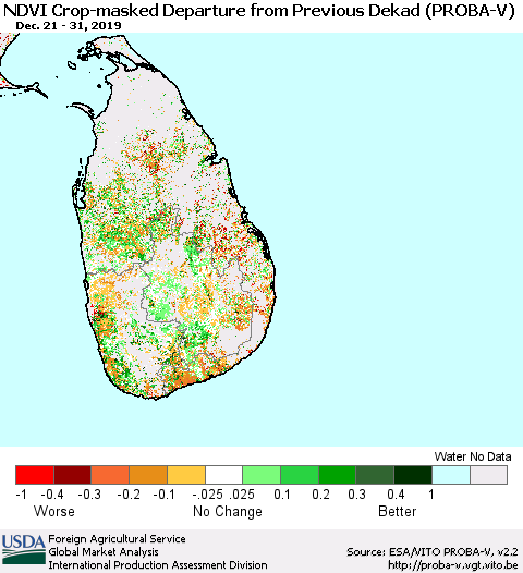 Sri Lanka NDVI Crop-masked Departure from Previous Dekad (PROBA-V) Thematic Map For 12/21/2019 - 12/31/2019
